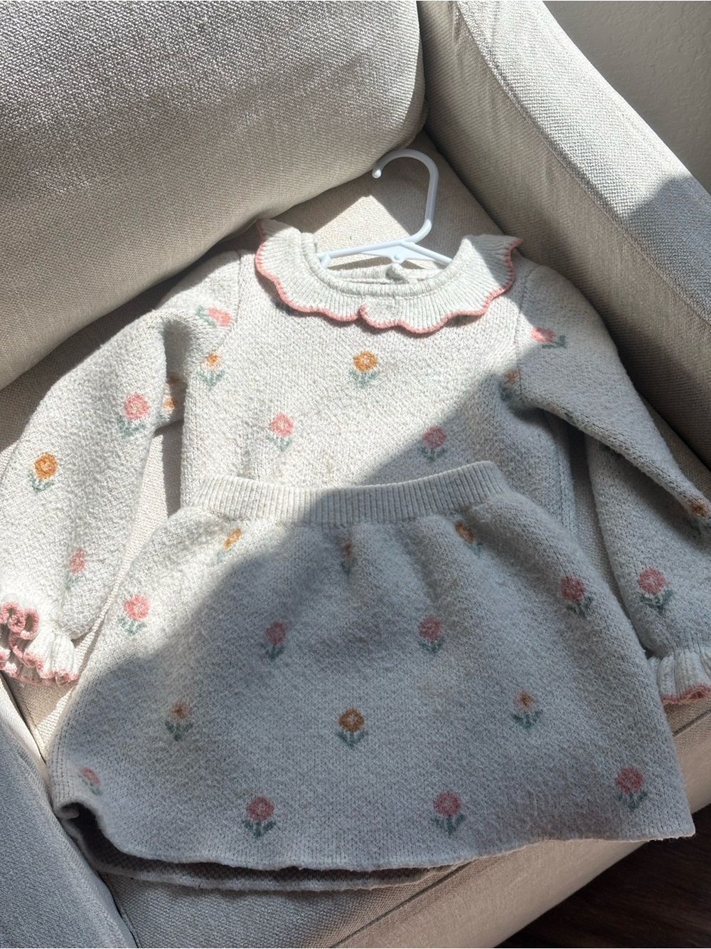 Cynthia Rowley Cream Knit Floral Dress and Skirt Set with Pink Trim